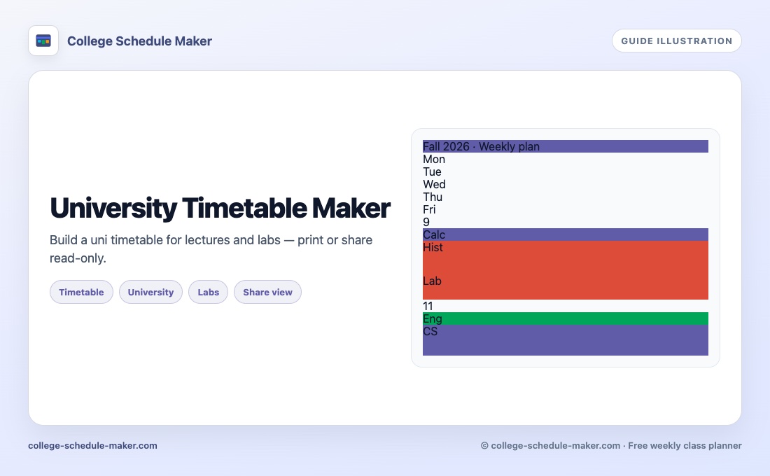 University Timetable Maker guide illustration for College Schedule Maker, free weekly class planner