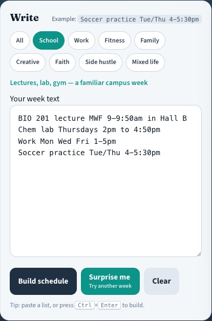 Type your week write panel with plain-English class and work lines © college-schedule-maker.com