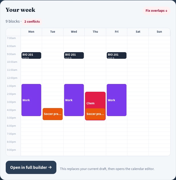 Type your week preview grid showing colored blocks after Build © college-schedule-maker.com