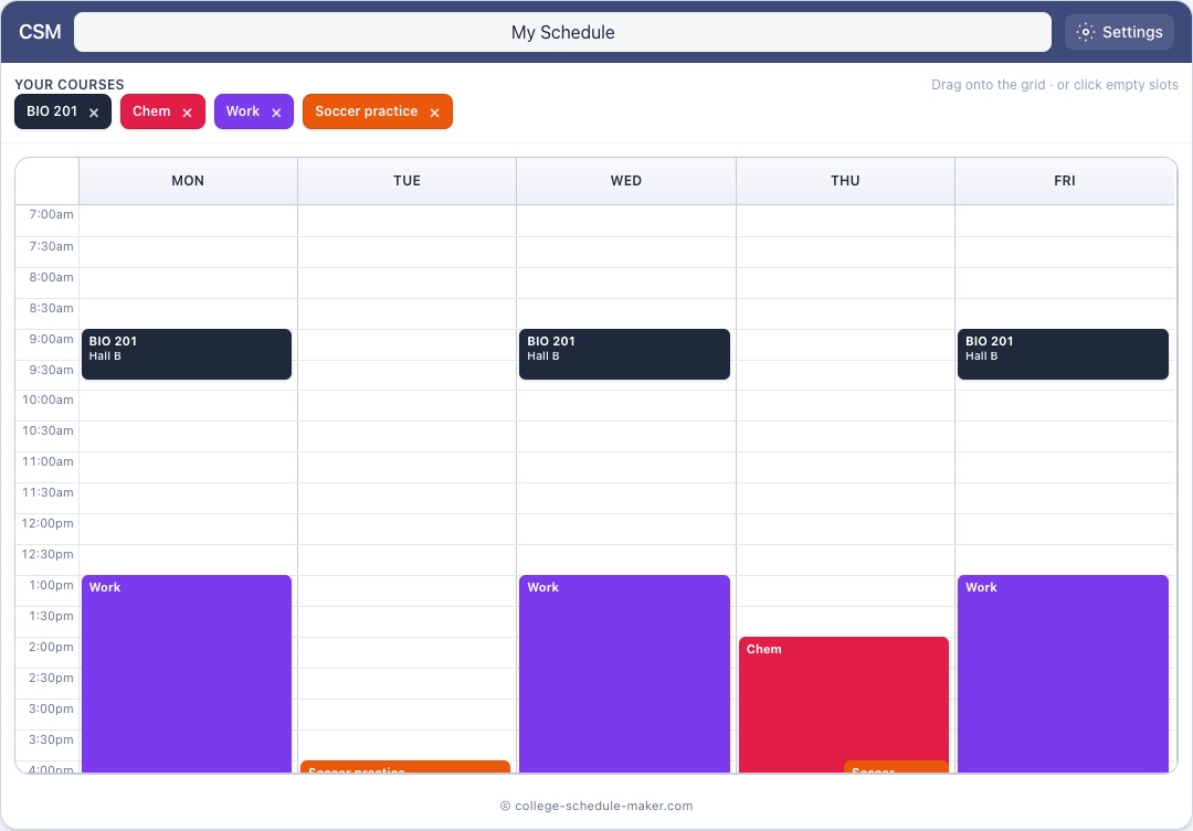 Full College Schedule Maker builder after importing a Type your week draft © college-schedule-maker.com