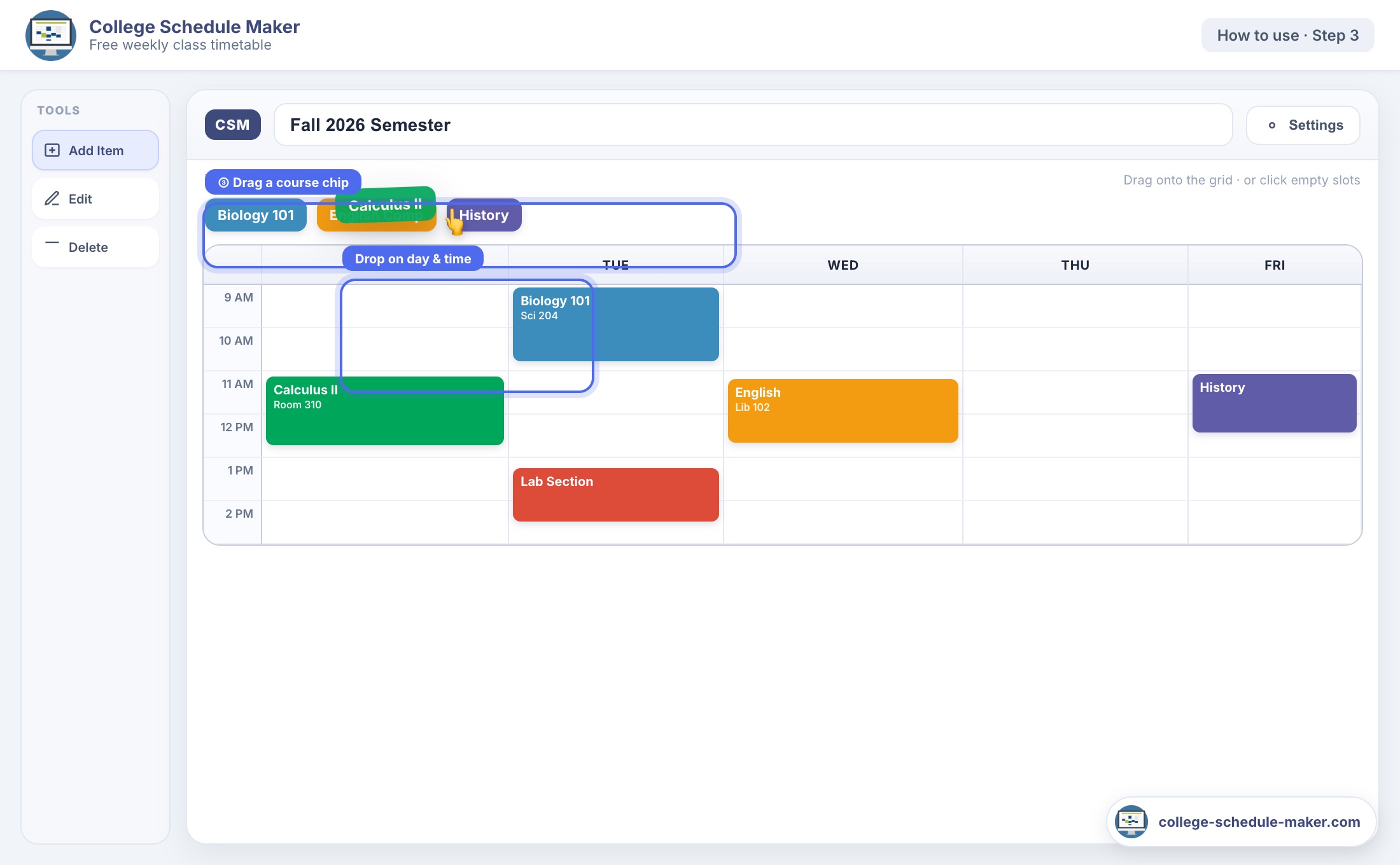 Example weekly college class schedule with color-coded blocks on College Schedule Maker