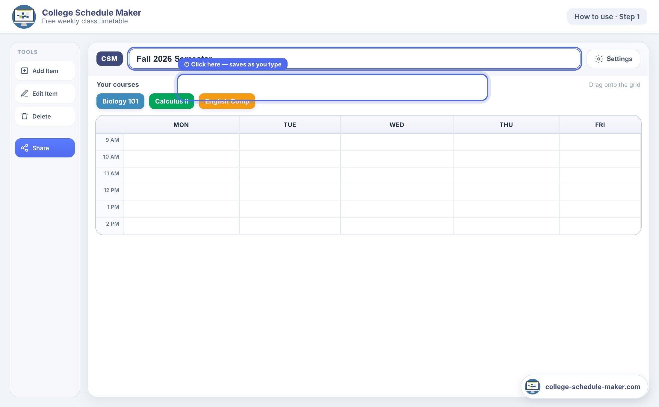 College Schedule Maker title bar with Fall 2026 Semester schedule name and CSM logo