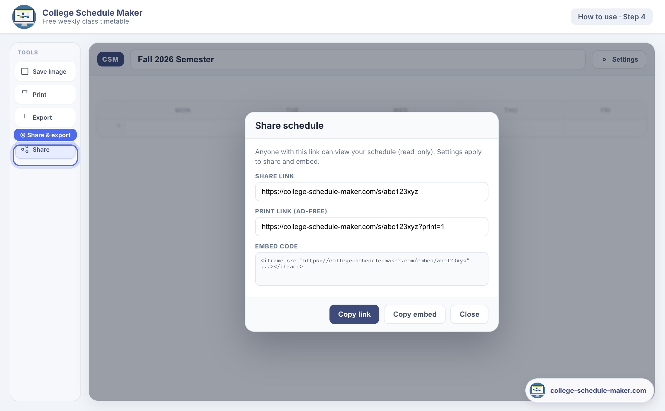 Share schedule modal with link, print URL, embed code, and College Schedule Maker logo